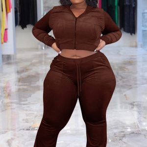 This Plus Size Women's Solid Color Velvet Casual Wide Leg Pants Two-Piece Set Design And Made Of Comfortable And Elastic Fabric. Wholesale Plus Size Two Piece Sets Is a Must-Have Item For Curvy Ladies. Two Piece Sets Can Either Be Worn Together Or Individually