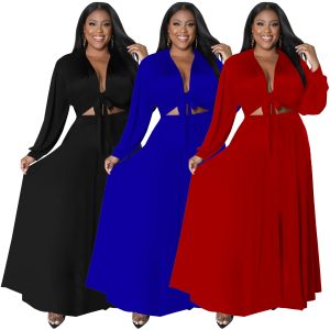 This Plus Size Women's Solid Cotton Lace-Up Long Sleeve Top Swing Skirt Set Two Piece Set Design And Made Of Comfortable And Elastic Fabric. Wholesale Plus Size Two Piece Sets Is a Must-Have Item For Curvy Ladies. Two Piece Sets Can Either Be Worn Together Or Individually