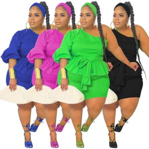 This Plus Size Women's Solid Fashion Sexy One Shoulder Ruffle Lace-Up Two Piece Shorts Set Design And Made Of Comfortable And Elastic Fabric. Wholesale Plus Size Two Piece Sets Is a Must-Have Item For Curvy Ladies. Two Piece Sets Can Either Be Worn Together Or Individually