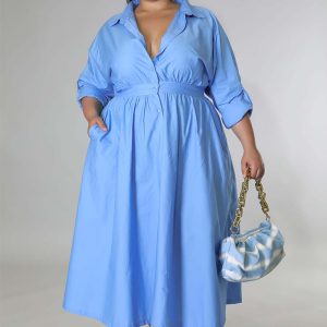 This Plus Size Women's Solid Long Sleeve Shirt Dress Made Of Soft And Elastic Fabric. Global Lover Wholesale Plus Size Dresses And Hope Curvy Ladies Find Here a Warm And Exciting Place To Shop Affordable Curvy Dresses Online - Plus Size Casual