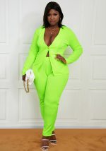 This Plus Size Women's Solid Neon Green Long Sleeve Chic One Button Blouse And Pants Two Piece Set Design And Made Of Comfortable And Elastic Fabric. Wholesale Plus Size Two Piece Sets Is a Must-Have Item For Curvy Ladies. Two Piece Sets Can Either Be Worn Together Or Individually