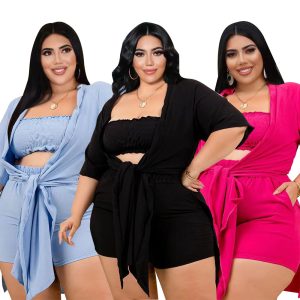 This Plus Size Women's Solid Strapless Three-Piece Spring/Summer Outfit Design And Made Of Comfortable And Elastic Fabric. Wholesale Plus Size Two Piece Sets Is a Must-Have Item For Curvy Ladies. Two Piece Sets Can Either Be Worn Together Or Individually