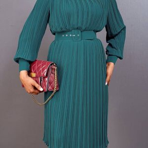 This Plus Size Women's Spring Fashion Pleated Loose Chic Dress With Belt Design Made Of High Quality Polyster And Spandex Material. It Come With Good Stretch And Wearing Comfortable. Women¡¯s Midi Dresses Is Omnipotent And Suit For All Kinds Of Occasions - Daily Wear