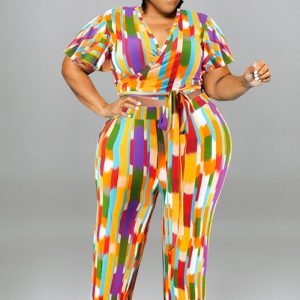 This Plus Size Women's Spring Short Sleeve Top And Pants Set Design Made Of High Quality Polyster And Spandex Material. It Is Stretchy