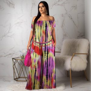 This Plus Size Women's Strapless Multi-Color Print Lace-Up Loose Off Shoulder Jumpsuit Made Of Soft And Elastic Fabric. Global Lover Wholesale Plus Size Dresses And Hope Curvy Ladies Find Here a Warm And Exciting Place To Shop Affordable Curvy Dresses Online - Plus Size Casual