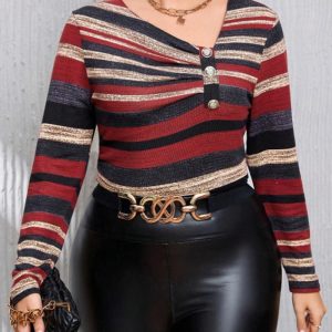 This Plus Size Women's Stripe Print Asymmetric Button-Down Top Made Of Comfortable And Elastic Fabric. It Is Wholesale Sexy Plus Size Tops For Women. With The Gradual Rise Of Feminist Awareness