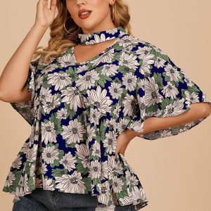 This Plus Size Women's Summer Chic Career Top Halter Neck Ruffle Sleeve Floral Shirt Women Made Of Comfortable And Elastic Fabric. It Is Wholesale Sexy Plus Size Tops For Women. With The Gradual Rise Of Feminist Awareness