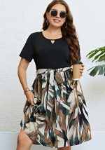 This Plus Size Women's Summer Color Block Patchwork Belted Causal Midi Dress Made Of Soft And Elastic Fabric. Global Lover Wholesale Plus Size Dresses And Hope Curvy Ladies Find Here a Warm And Exciting Place To Shop Affordable Curvy Dresses Online - Plus Size Casual