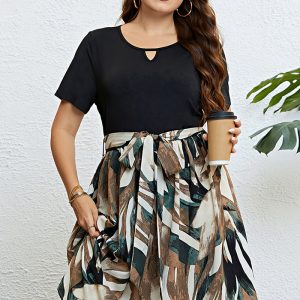 This Plus Size Women's Summer Color Block Patchwork Belted Causal Midi Dress Made Of Soft And Elastic Fabric. Global Lover Wholesale Plus Size Dresses And Hope Curvy Ladies Find Here a Warm And Exciting Place To Shop Affordable Curvy Dresses Online - Plus Size Casual