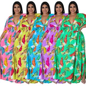 This Plus Size Women's Summer Deep v-Neck Print Multicolor Dress Made Of Soft And Elastic Fabric. Global Lover Wholesale Plus Size Dresses And Hope Curvy Ladies Find Here a Warm And Exciting Place To Shop Affordable Curvy Dresses Online - Plus Size Casual