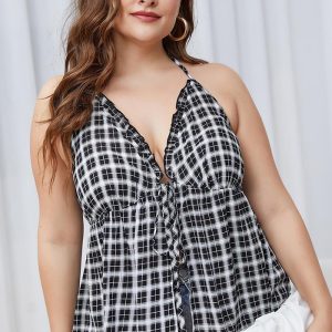 This Plus Size Women's Summer Halter Strapless Plaid Top Sexy Blouse Made Of Comfortable And Elastic Fabric. It Is Wholesale Sexy Plus Size Tops For Women. With The Gradual Rise Of Feminist Awareness