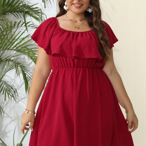 This Plus Size Women's Summer Off Shoulder Solid Slim Waist Dress Made Of Soft And Elastic Fabric. Global Lover Wholesale Plus Size Dresses And Hope Curvy Ladies Find Here a Warm And Exciting Place To Shop Affordable Curvy Dresses Online - Plus Size Casual