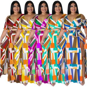 This Plus Size Women's Summer Off-The-Shoulder v-Neck Fashion Two-Piece Split Swing Skirt Set Design And Made Of Comfortable And Elastic Fabric. Wholesale Plus Size Two Piece Sets Is a Must-Have Item For Curvy Ladies. Two Piece Sets Can Either Be Worn Together Or Individually