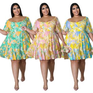 This Plus Size Women's Summer Sexy Off Shoulder Print Dress Made Of Soft And Elastic Fabric. Global Lover Wholesale Plus Size Dresses And Hope Curvy Ladies Find Here a Warm And Exciting Place To Shop Affordable Curvy Dresses Online - Plus Size Casual