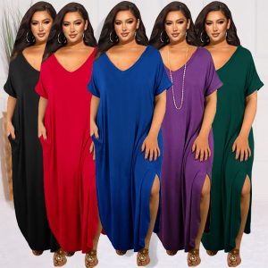 This Plus Size Women's Summer Short Sleeve v-Neck Casual Long Skirt Loose Slit Dress Made Of Soft And Elastic Fabric. Global Lover Wholesale Plus Size Dresses And Hope Curvy Ladies Find Here a Warm And Exciting Place To Shop Affordable Curvy Dresses Online - Plus Size Casual