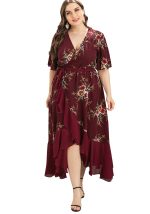 This Plus Size Women's Summer v-Neck Ruffled Irregular Print Dress Made Of Soft And Elastic Fabric. Global Lover Wholesale Plus Size Dresses And Hope Curvy Ladies Find Here a Warm And Exciting Place To Shop Affordable Curvy Dresses Online - Plus Size Casual