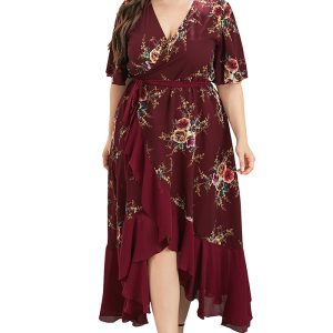 This Plus Size Women's Summer v-Neck Ruffled Irregular Print Dress Made Of Soft And Elastic Fabric. Global Lover Wholesale Plus Size Dresses And Hope Curvy Ladies Find Here a Warm And Exciting Place To Shop Affordable Curvy Dresses Online - Plus Size Casual