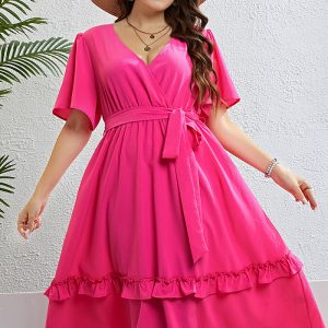 This Plus Size Women's Summer Wrap v-Neck Casual Midi Dress Made Of Soft And Elastic Fabric. Global Lover Wholesale Plus Size Dresses And Hope Curvy Ladies Find Here a Warm And Exciting Place To Shop Affordable Curvy Dresses Online - Plus Size Casual