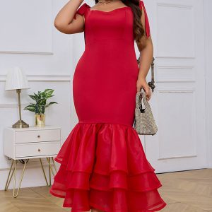 This Plus Size Women's Swing Tie Straps Party Evening Dress Red Elegant Dress Made Of Soft And Elastic Fabric. Global Lover Wholesale Plus Size Dresses And Hope Curvy Ladies Find Here a Warm And Exciting Place To Shop Affordable Curvy Dresses Online - Plus Size Casual