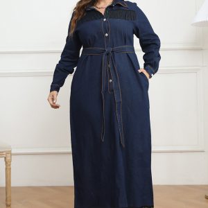 This Plus Size Women's Tassel Long Sleeve Button Up Shirt Dress Made Of Soft And Elastic Fabric. Global Lover Wholesale Plus Size Dresses And Hope Curvy Ladies Find Here a Warm And Exciting Place To Shop Affordable Curvy Dresses Online - Plus Size Casual