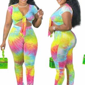 This Plus Size Women's Tie Dye Gradient Print Tied Sexy Two Piece Pants Set Design And Made Of Comfortable And Elastic Fabric. Wholesale Plus Size Two Piece Sets Is a Must-Have Item For Curvy Ladies. Two Piece Sets Can Either Be Worn Together Or Individually