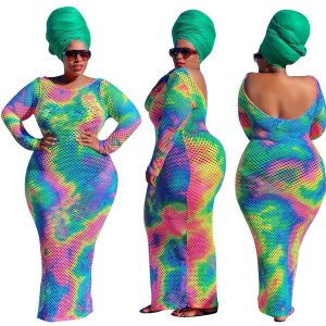 This Plus Size Women's Tie Dye Print Cutout Slim Fit Long Sleeve Maxi Dress Made Of Soft And Elastic Fabric. Global Lover Wholesale Plus Size Dresses And Hope Curvy Ladies Find Here a Warm And Exciting Place To Shop Affordable Curvy Dresses Online - Plus Size Casual