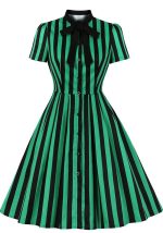 This Plus Size Women's Turndown Collar Lace-Up Bow Vertical Stripe Short Sleeve Vintage Swing Dress Made Of Soft And Elastic Fabric. Global Lover Wholesale Plus Size Dresses And Hope Curvy Ladies Find Here a Warm And Exciting Place To Shop Affordable Curvy Dresses Online - Plus Size Casual