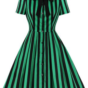 This Plus Size Women's Turndown Collar Lace-Up Bow Vertical Stripe Short Sleeve Vintage Swing Dress Made Of Soft And Elastic Fabric. Global Lover Wholesale Plus Size Dresses And Hope Curvy Ladies Find Here a Warm And Exciting Place To Shop Affordable Curvy Dresses Online - Plus Size Casual