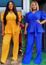 This Plus Size Women's v Neck Puff Sleeve Ruffle Slim Fashion Casual Two Piece Pants Set For Women Design And Made Of Comfortable And Elastic Fabric. Wholesale Plus Size Two Piece Sets Is a Must-Have Item For Curvy Ladies. Two Piece Sets Can Either Be Worn Together Or Individually