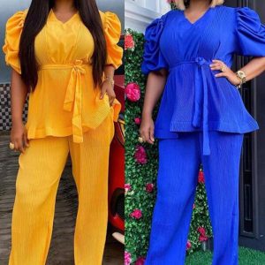 This Plus Size Women's v Neck Puff Sleeve Ruffle Slim Fashion Casual Two Piece Pants Set For Women Design And Made Of Comfortable And Elastic Fabric. Wholesale Plus Size Two Piece Sets Is a Must-Have Item For Curvy Ladies. Two Piece Sets Can Either Be Worn Together Or Individually