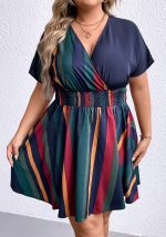 This Plus Size Women's v-Neck Stripe Slim Waist Slim Fit Dress Made Of Soft And Elastic Fabric. Global Lover Wholesale Plus Size Dresses And Hope Curvy Ladies Find Here a Warm And Exciting Place To Shop Affordable Curvy Dresses Online - Plus Size Casual