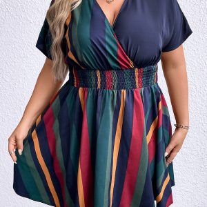 This Plus Size Women's v-Neck Stripe Slim Waist Slim Fit Dress Made Of Soft And Elastic Fabric. Global Lover Wholesale Plus Size Dresses And Hope Curvy Ladies Find Here a Warm And Exciting Place To Shop Affordable Curvy Dresses Online - Plus Size Casual