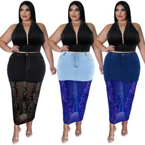 This Plus Size Women's Washed Denim Sequin Patckwork Sexy Long Skirt Design And Made Of Comfortable And Elastic Fabric. Wholesale Plus Size Two Piece Sets Is a Must-Have Item For Curvy Ladies. Two Piece Sets Can Either Be Worn Together Or Individually