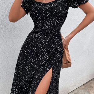 This Polka Dot Puff Sleeve Slit Dress Design Made Of High Quality Polyster And Spandex Material. It Come With Good Stretch And Wearing Comfortable. Women¡¯s Midi Dresses Is Omnipotent And Suit For All Kinds Of Occasions - Daily Wear