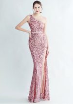 This Positional Sequin One Shoulder Side Slit Long Evening Gown Design Made Of Good Quality Polyster And Spandex Material