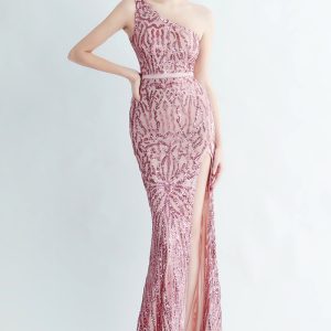 This Positional Sequin One Shoulder Side Slit Long Evening Gown Design Made Of Good Quality Polyster And Spandex Material