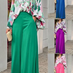 This Print Casual Loose Plus Size Turndown Collar Shirt High Waist Wide Leg Pants Two Piece Design Made Of High Quality Polyster And Spandex Material. It Is Stretchy