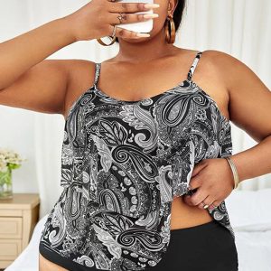 This Print High Waist Two Piece Plus Size Tankini Swimsuit Is Made Of Good Quality Lycra And Spandex Fabric