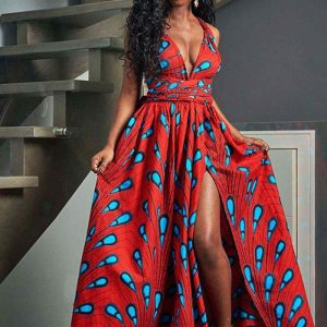 This Print Lace-Up Multi Wear African Dress Ethnic Ladies Sexy Slit Maxi Dress Design Made Of High Quality Polyster And Spandex Material