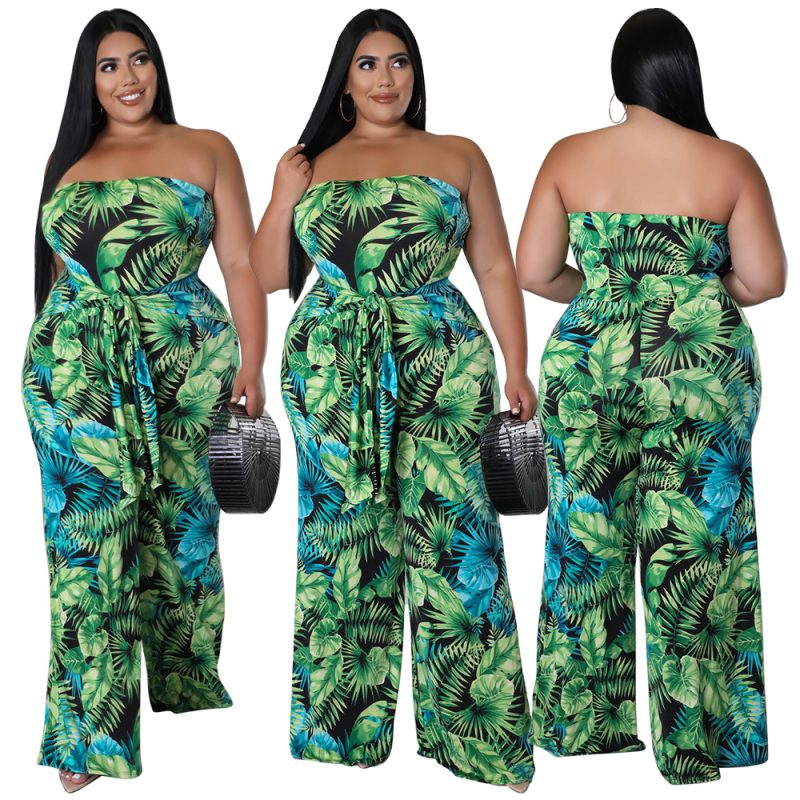 This Print Strapless Belted Backless Plus Size Jumpsuit Design Made Of High Quality Polyster And Spandex Material. It Is Stretchy