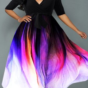 This Printed Slim Elegant Half-Sleeve Belt Plus Size Dress Sexy v Neck Patchwork Maxi Dress Made Of Soft And Elastic Fabric. Global Lover Wholesale Plus Size Dresses And Hope Curvy Ladies Find Here a Warm And Exciting Place To Shop Affordable Curvy Dresses Online - Plus Size Casual