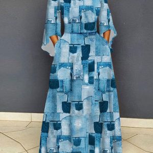 This Printed Slim Mid Waist Loose Maxi Dress Clubwear Design Made Of High Quality Polyster And Spandex Material