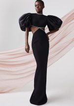 This Puff Sleeve Low Back Black Evening Dress Long Party Dress Design Made Of Good Quality Polyster And Spandex Material