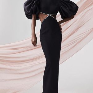 This Puff Sleeve Low Back Black Evening Dress Long Party Dress Design Made Of Good Quality Polyster And Spandex Material