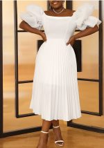 This Pure White Off Shoulder Pleated Skirt Fashion Casual Career High Waist Dress Design Made Of Good Quality Polyster And Spandex Material