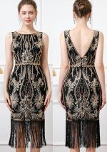 This Retro Bead Embroidered Sequins Deep v Low Back Evening Dress Sleeveless Tassel Party Dress Design Made Of Good Quality Polyster And Spandex Material