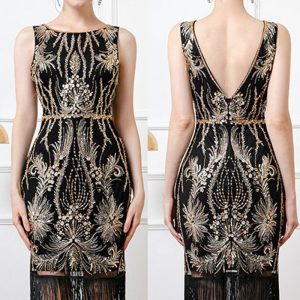 This Retro Bead Embroidered Sequins Deep v Low Back Evening Dress Sleeveless Tassel Party Dress Design Made Of Good Quality Polyster And Spandex Material