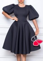 This Retro Round Neck Chic Puff Sleeve Slim Waist a-Line Swing Party Dress Design Made Of High Quality Polyster And Spandex Material. It Come With Good Stretch And Wearing Comfortable. Women¡¯s Midi Dresses Is Omnipotent And Suit For All Kinds Of Occasions - Daily Wear