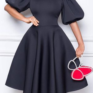 This Retro Round Neck Chic Puff Sleeve Slim Waist a-Line Swing Party Dress Design Made Of High Quality Polyster And Spandex Material. It Come With Good Stretch And Wearing Comfortable. Women¡¯s Midi Dresses Is Omnipotent And Suit For All Kinds Of Occasions - Daily Wear