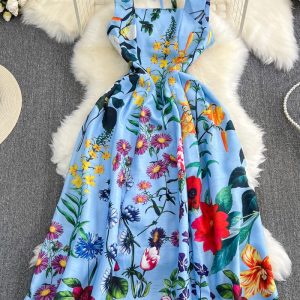 This Retro Straps Fashionable Printed Slim Waist a-Line Dress Beach Holidays Long Dress Design Made Of High Quality Polyster And Spandex Material